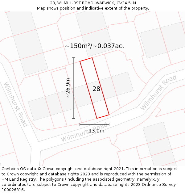 28, WILMHURST ROAD, WARWICK, CV34 5LN: Plot and title map