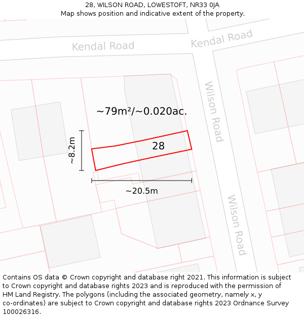 28, WILSON ROAD, LOWESTOFT, NR33 0JA: Plot and title map