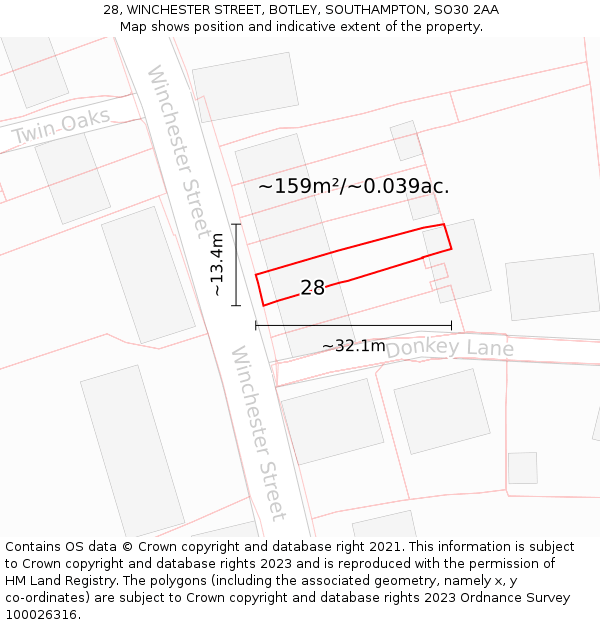 28, WINCHESTER STREET, BOTLEY, SOUTHAMPTON, SO30 2AA: Plot and title map