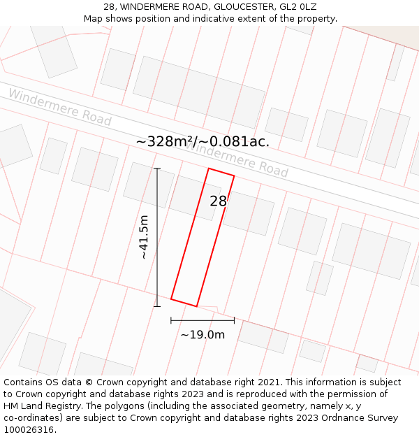 28, WINDERMERE ROAD, GLOUCESTER, GL2 0LZ: Plot and title map