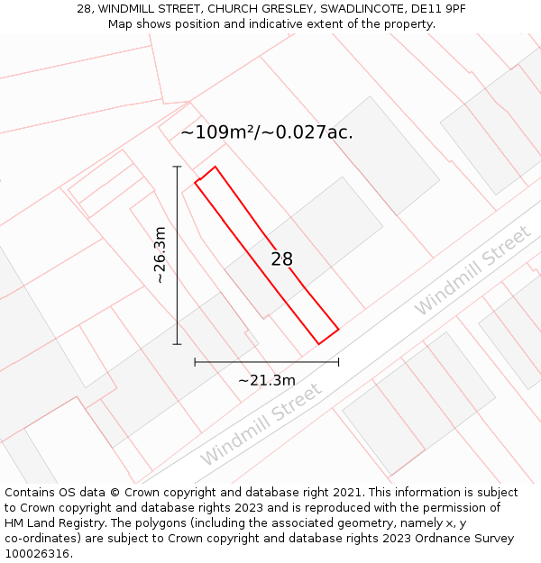 28, WINDMILL STREET, CHURCH GRESLEY, SWADLINCOTE, DE11 9PF: Plot and title map
