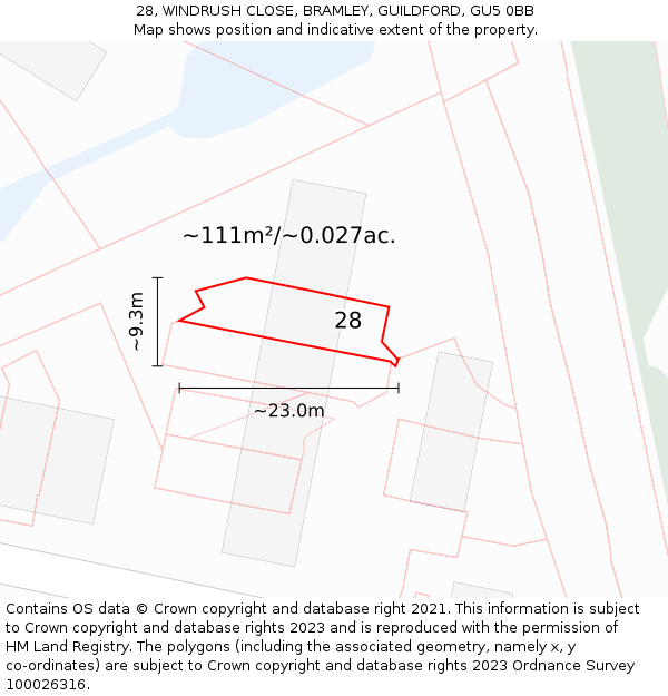 28, WINDRUSH CLOSE, BRAMLEY, GUILDFORD, GU5 0BB: Plot and title map