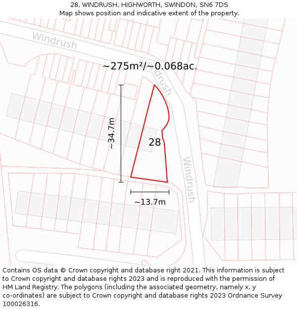 28, WINDRUSH, HIGHWORTH, SWINDON, SN6 7DS: Plot and title map