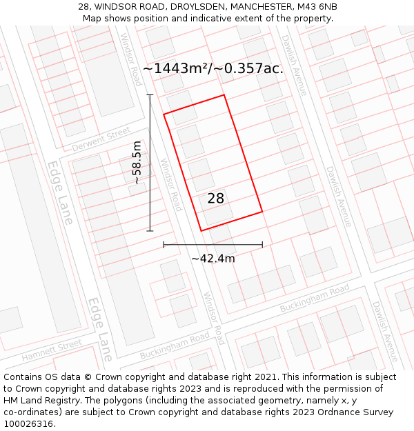28, WINDSOR ROAD, DROYLSDEN, MANCHESTER, M43 6NB: Plot and title map