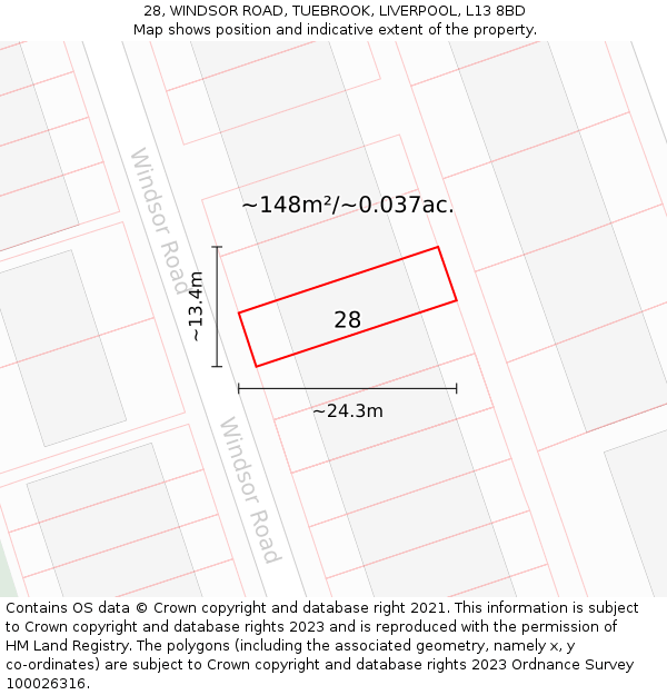 28, WINDSOR ROAD, TUEBROOK, LIVERPOOL, L13 8BD: Plot and title map