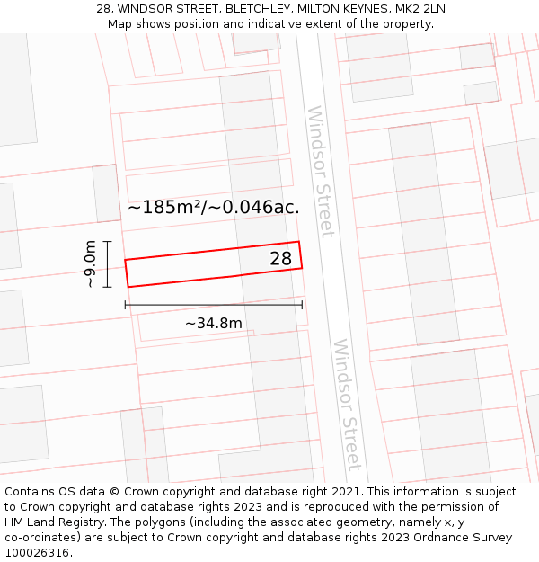 28, WINDSOR STREET, BLETCHLEY, MILTON KEYNES, MK2 2LN: Plot and title map