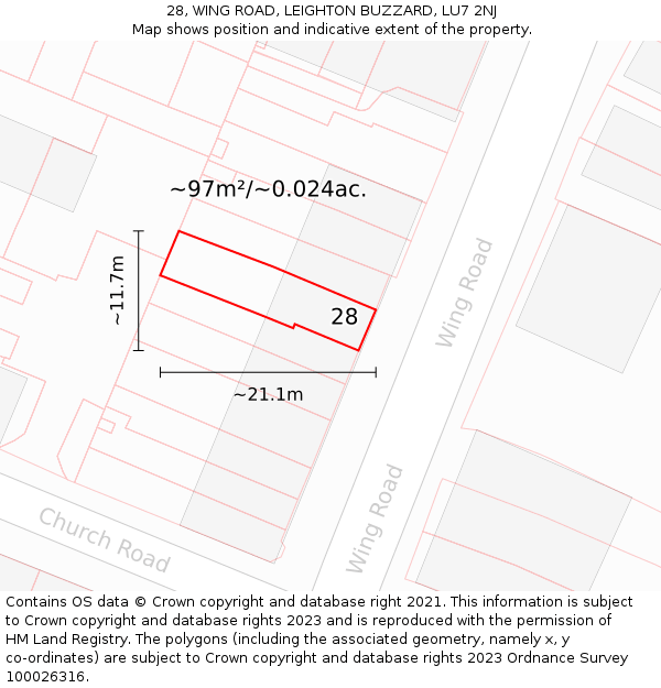 28, WING ROAD, LEIGHTON BUZZARD, LU7 2NJ: Plot and title map