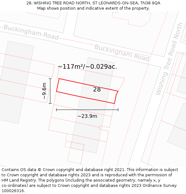28, WISHING TREE ROAD NORTH, ST LEONARDS-ON-SEA, TN38 9QA: Plot and title map