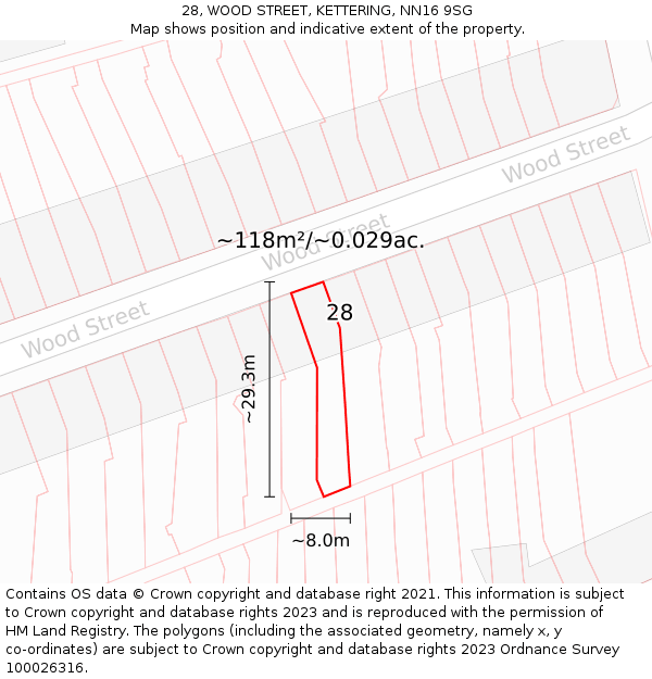 28, WOOD STREET, KETTERING, NN16 9SG: Plot and title map