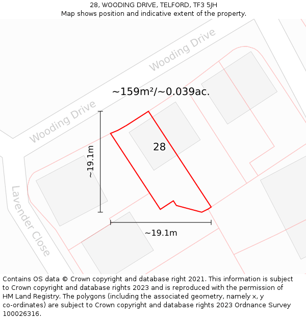 28, WOODING DRIVE, TELFORD, TF3 5JH: Plot and title map