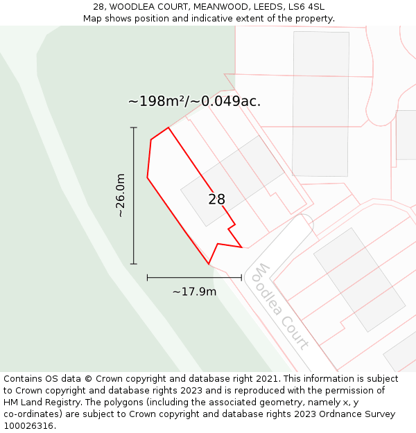 28, WOODLEA COURT, MEANWOOD, LEEDS, LS6 4SL: Plot and title map