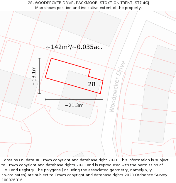 28, WOODPECKER DRIVE, PACKMOOR, STOKE-ON-TRENT, ST7 4GJ: Plot and title map