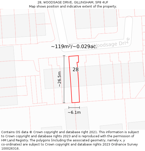 28, WOODSAGE DRIVE, GILLINGHAM, SP8 4UF: Plot and title map