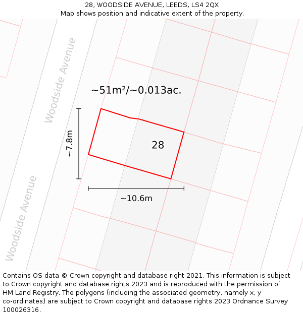 28, WOODSIDE AVENUE, LEEDS, LS4 2QX: Plot and title map