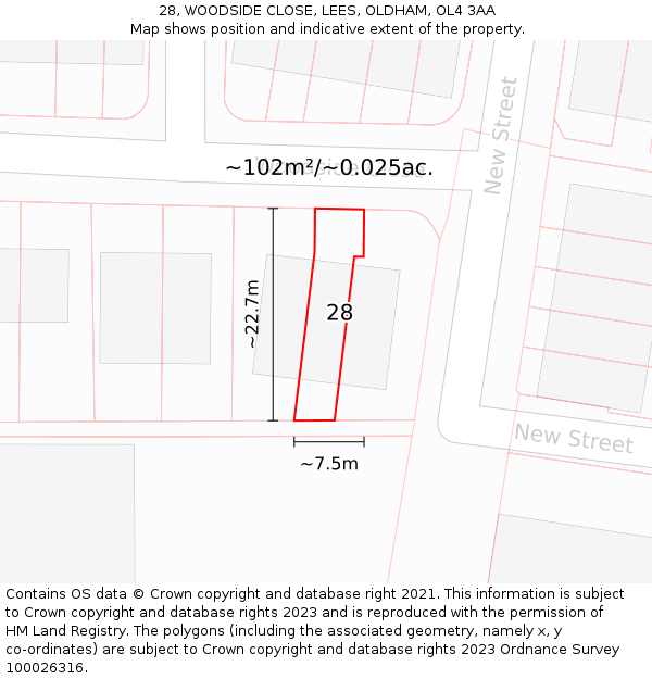 28, WOODSIDE CLOSE, LEES, OLDHAM, OL4 3AA: Plot and title map