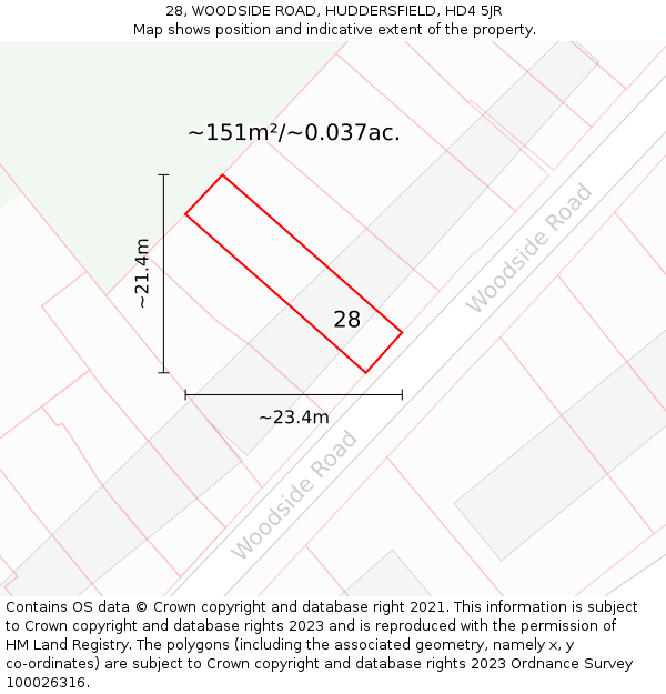28, WOODSIDE ROAD, HUDDERSFIELD, HD4 5JR: Plot and title map