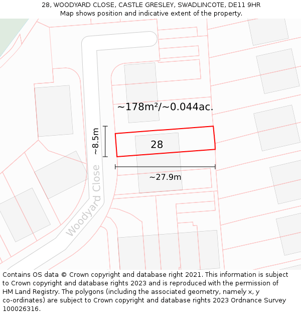 28, WOODYARD CLOSE, CASTLE GRESLEY, SWADLINCOTE, DE11 9HR: Plot and title map