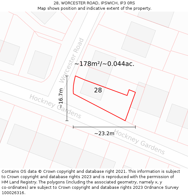 28, WORCESTER ROAD, IPSWICH, IP3 0RS: Plot and title map