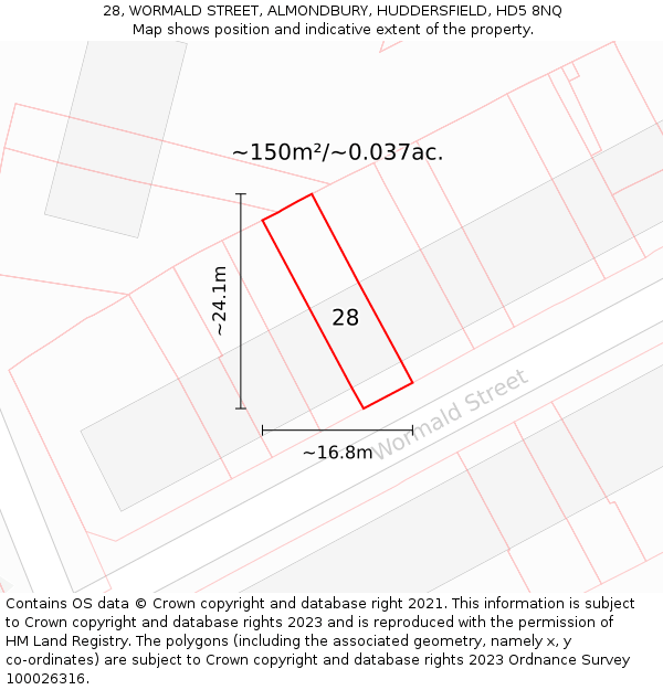28, WORMALD STREET, ALMONDBURY, HUDDERSFIELD, HD5 8NQ: Plot and title map