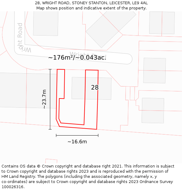 28, WRIGHT ROAD, STONEY STANTON, LEICESTER, LE9 4AL: Plot and title map