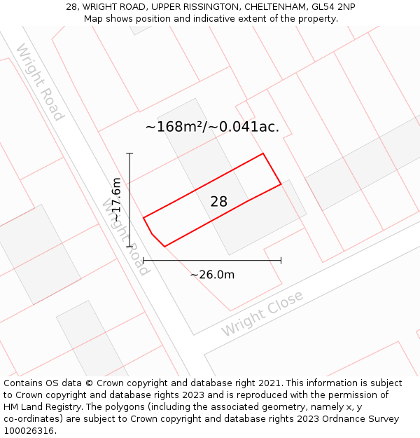 28, WRIGHT ROAD, UPPER RISSINGTON, CHELTENHAM, GL54 2NP: Plot and title map