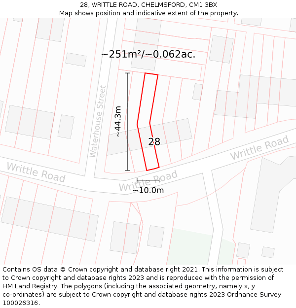 28, WRITTLE ROAD, CHELMSFORD, CM1 3BX: Plot and title map