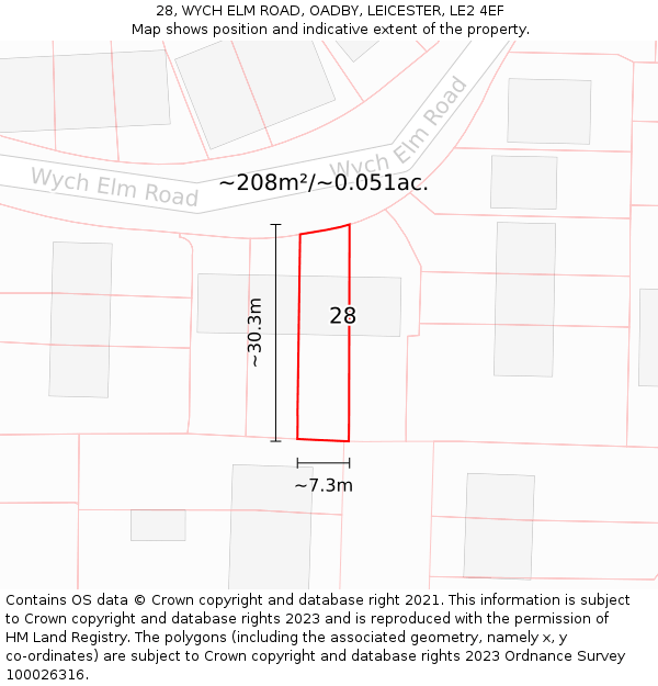 28, WYCH ELM ROAD, OADBY, LEICESTER, LE2 4EF: Plot and title map