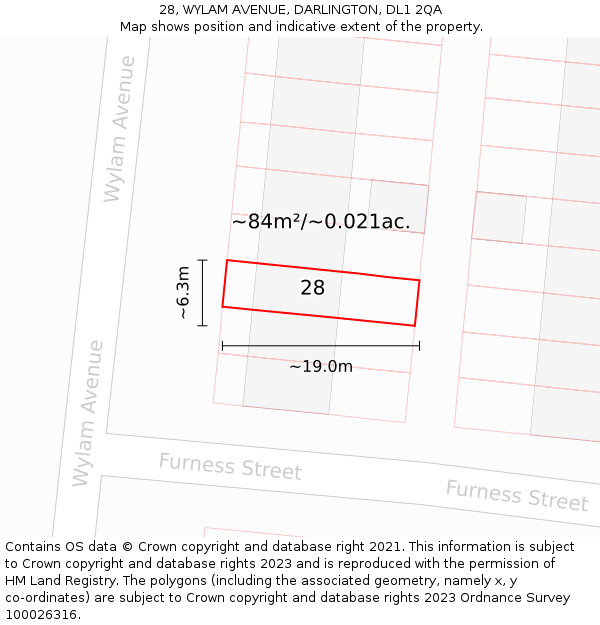 28, WYLAM AVENUE, DARLINGTON, DL1 2QA: Plot and title map