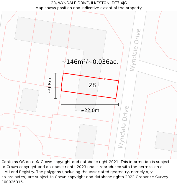 28, WYNDALE DRIVE, ILKESTON, DE7 4JG: Plot and title map