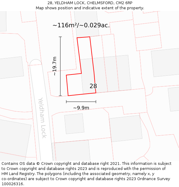 28, YELDHAM LOCK, CHELMSFORD, CM2 6RP: Plot and title map
