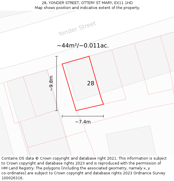 28, YONDER STREET, OTTERY ST MARY, EX11 1HD: Plot and title map