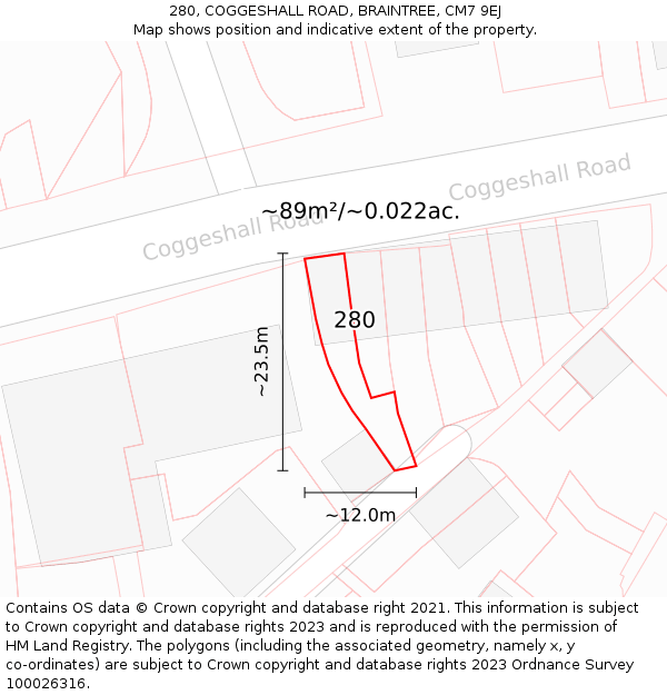 280, COGGESHALL ROAD, BRAINTREE, CM7 9EJ: Plot and title map