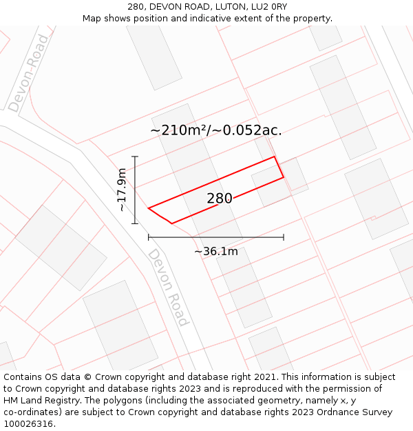 280, DEVON ROAD, LUTON, LU2 0RY: Plot and title map