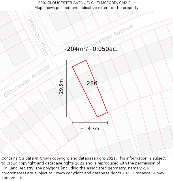 280, GLOUCESTER AVENUE, CHELMSFORD, CM2 9LH: Plot and title map