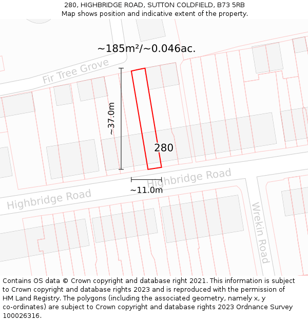 280, HIGHBRIDGE ROAD, SUTTON COLDFIELD, B73 5RB: Plot and title map