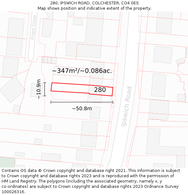 280, IPSWICH ROAD, COLCHESTER, CO4 0ES: Plot and title map