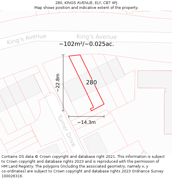280, KINGS AVENUE, ELY, CB7 4PJ: Plot and title map