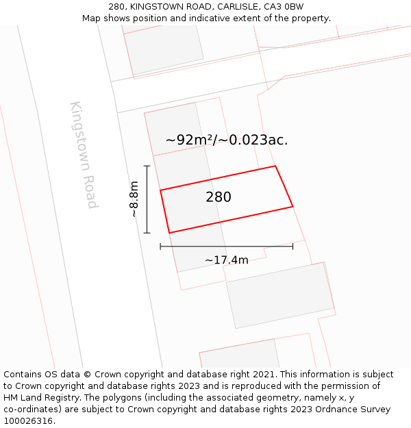 280, KINGSTOWN ROAD, CARLISLE, CA3 0BW: Plot and title map