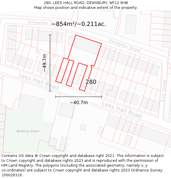 280, LEES HALL ROAD, DEWSBURY, WF12 9HB: Plot and title map