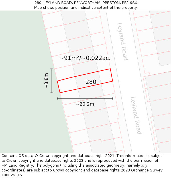 280, LEYLAND ROAD, PENWORTHAM, PRESTON, PR1 9SX: Plot and title map
