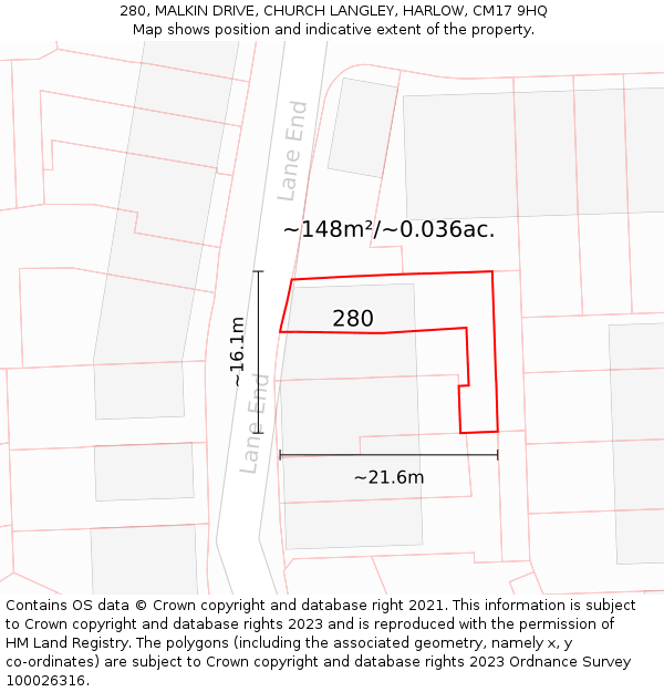 280, MALKIN DRIVE, CHURCH LANGLEY, HARLOW, CM17 9HQ: Plot and title map