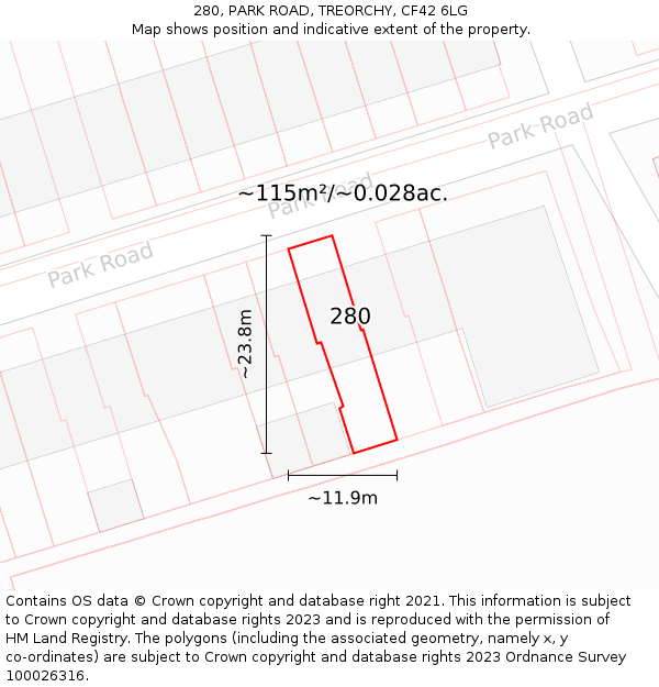 280, PARK ROAD, TREORCHY, CF42 6LG: Plot and title map