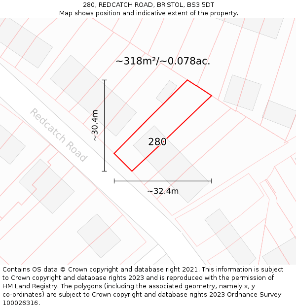 280, REDCATCH ROAD, BRISTOL, BS3 5DT: Plot and title map