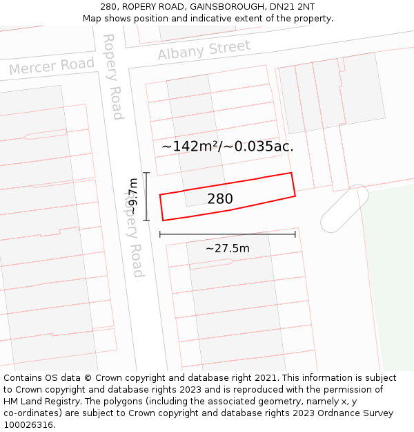 280, ROPERY ROAD, GAINSBOROUGH, DN21 2NT: Plot and title map