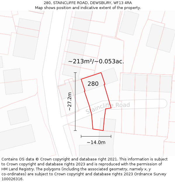 280, STAINCLIFFE ROAD, DEWSBURY, WF13 4RA: Plot and title map