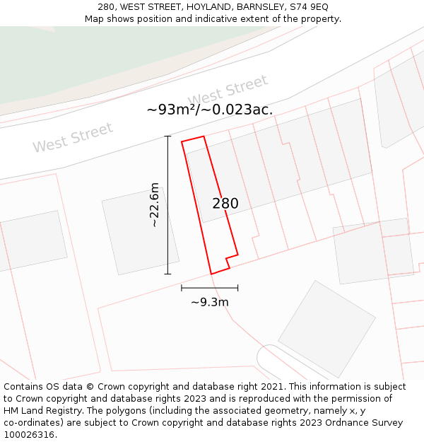 280, WEST STREET, HOYLAND, BARNSLEY, S74 9EQ: Plot and title map