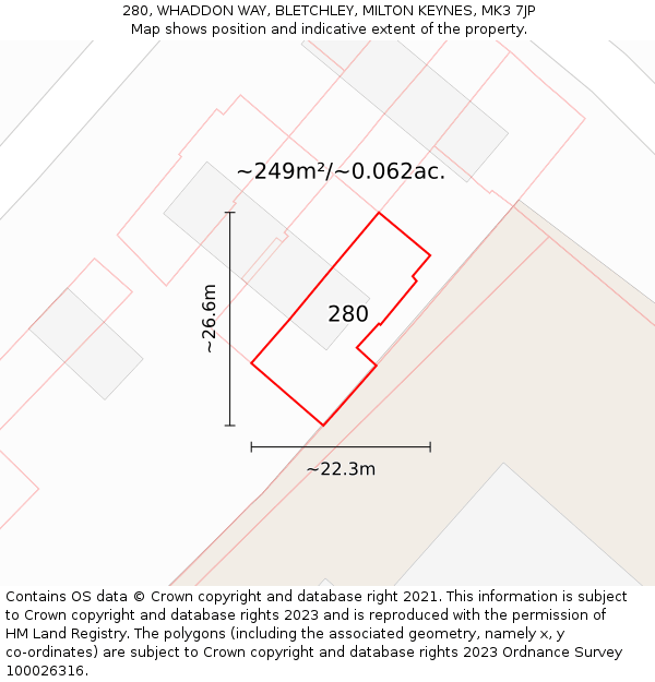 280, WHADDON WAY, BLETCHLEY, MILTON KEYNES, MK3 7JP: Plot and title map
