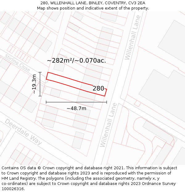 280, WILLENHALL LANE, BINLEY, COVENTRY, CV3 2EA: Plot and title map