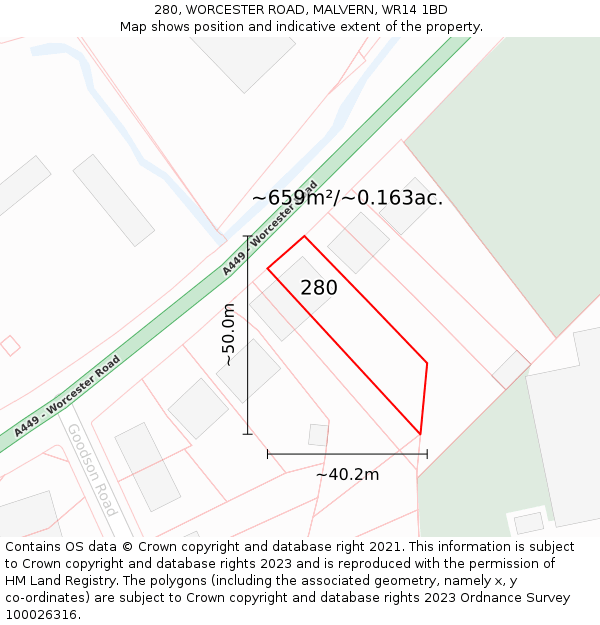 280, WORCESTER ROAD, MALVERN, WR14 1BD: Plot and title map