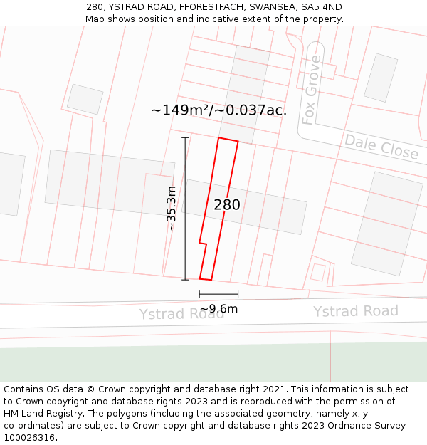 280, YSTRAD ROAD, FFORESTFACH, SWANSEA, SA5 4ND: Plot and title map